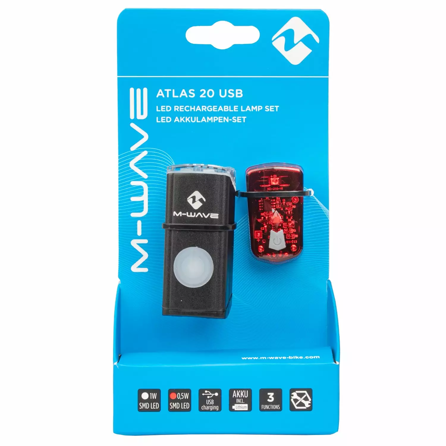 Set D'éclairages Vélo Avant Et Arrière à LED Rechargeables USB Atlas 20 M-Wave 4 Set D'éclairages Vélo Avant Et Arrière à LED Rechargeables USB Atlas 20 M-Wave – Image 4